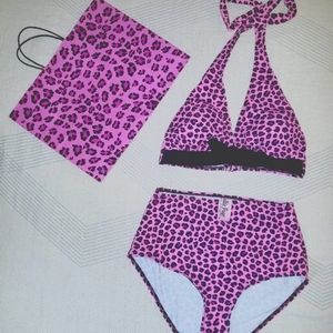 Retro Pink Leopard Halter two-piece bathing suit